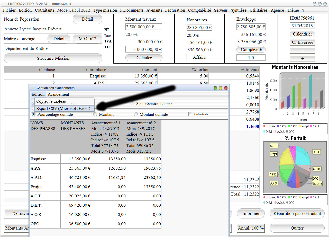 nouvel export Microsoft Excel des avancements du logiciel des honoraires architecte Médicis 20.23
