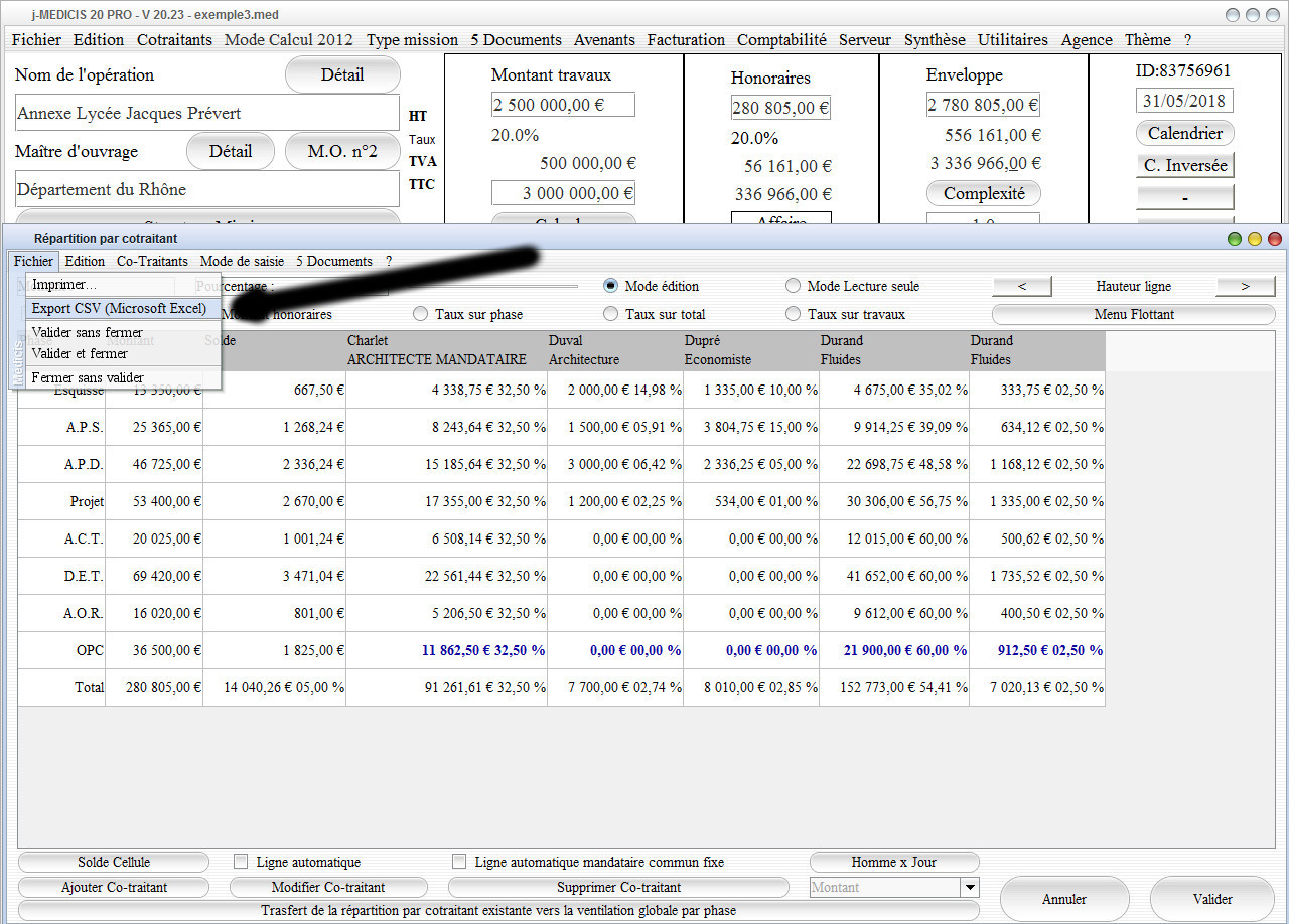 nouvel export Microsoft Excel de la répartition par cotraitant dans les honoraires pour Architecte Médicis 20.23